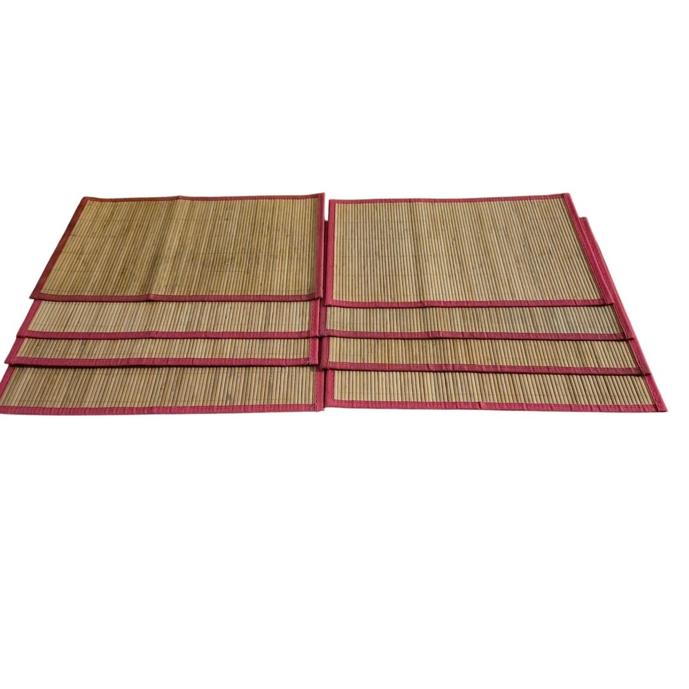 Vintage Bamboo Placemats Natural 17 x 11.5  Pink Tiki MCM Boho 17x11.5 Set of 8